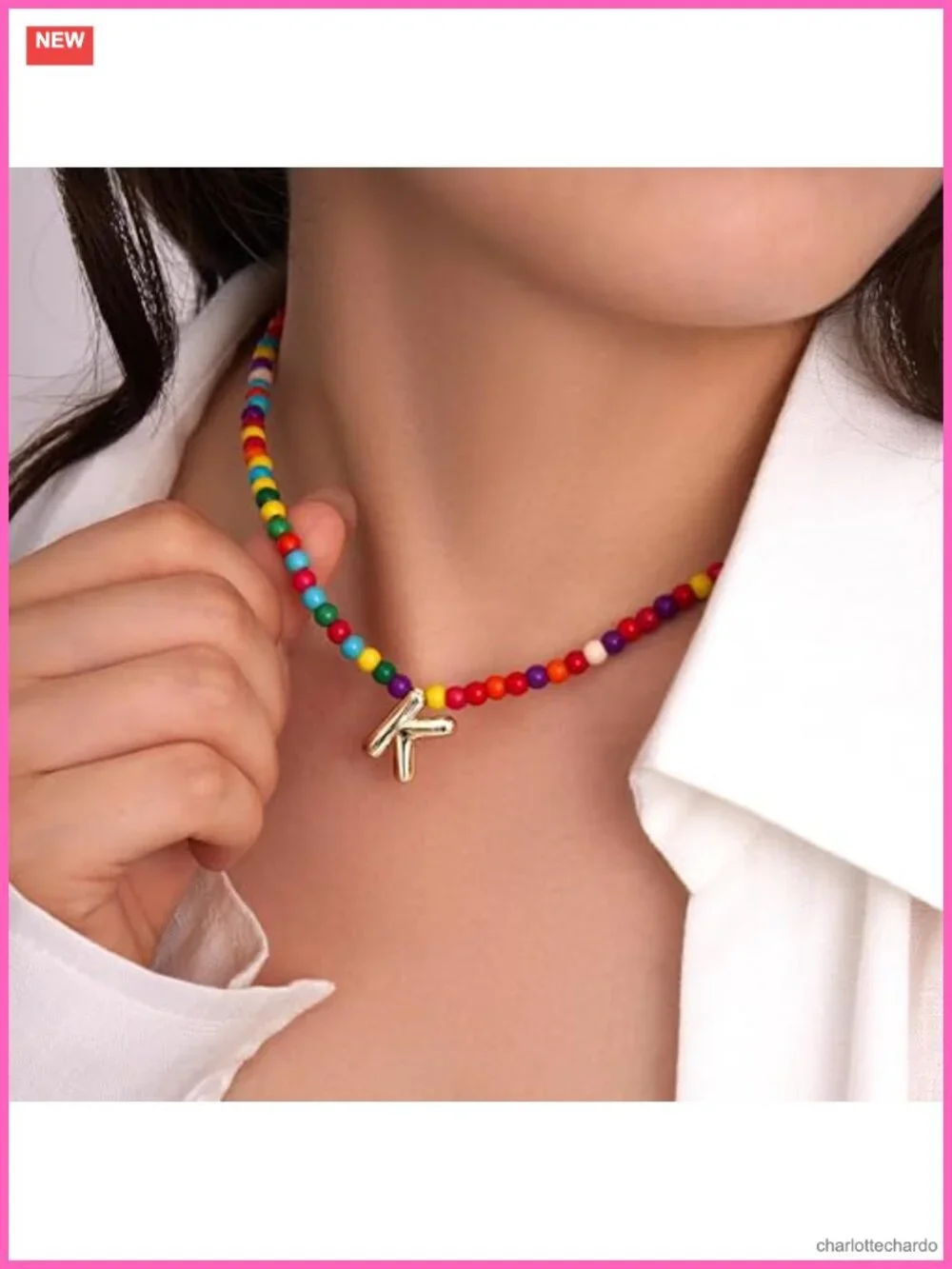 Rainbow Natural Stone Beaded Bubble Initial Pendant Necklace 14K Gold Plated